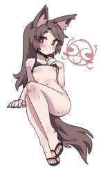 animal_ear_fluff animal_ears bare_arms bare_shoulders bikini bikini_top_only bottomless breasts bright_pupils brown_hair cleavage collarbone female full_body hair_intakes hand_up highres kagerou_imaizumi long_hair navel nyong_nyong red_eyes simple_background small_breasts solo sweat swimsuit tail touhou underboob white_background white_pupils wolf_ears wolf_girl wolf_tail zouri