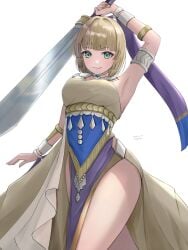 1girls alternate_costume bare_thighs blonde_hair breasts dancer dancer_(three_houses) dancer_outfit female female_only fire_emblem fire_emblem:_three_houses fire_emblem_warriors:_three_hopes green_eyes ingrid_brandl_galatea looking_at_viewer medium_breasts mugitoro_(dsfv2277) nintendo official_alternate_hairstyle pose simple_background smile solo sword thighs weapon white_background