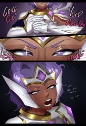 1girls clothed clothing comic comic_page dark-skinned_female dark_skin english_text female female_only league_of_legends no_sex open_mouth penis_awe penis_shadow purple_eyes purple_hair qiyarts rell_(league_of_legends) riot_games solo star_guardian_rell star_guardian_series teeth text