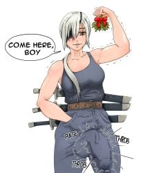 black_shirt bulge_through_clothing chainsaw_man erection_under_clothes excessively_horny eyepatch futa_only futadom futanari imminent_rape imminent_sex implied_futa/male implied_intersex/male intersex orientation_play ponytail quanxi_(chainsaw_man) seducing seduction silver_hair white_hair