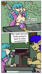 2girl after_sex blue_hair bra breasts coffee coffee_mug comic comic_page dialogue elf elf_ears elf_female green_eyes human kalea_(th3crazyguard1an) kitchen open_clothes page_2 pink_clothing ponytail prosthetic prosthetic_arm prosthetic_limb scar scar_on_face scar_over_eye sweatpants sylvis_(th3crazyguard1an) text_bubble th3crazyguard1an tits_out