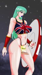 breasts england flag_bikini green_hair lipstick red_eyes shield supernova_(artist)