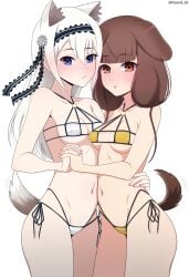 2girls animal_ears ass asymmetrical_docking bare_arms bare_ass bare_legs bare_midriff bare_shoulders bare_thighs belly belly_button bikini bikini_bottom bikini_top blue_eyes blush breast_press breasts brown_eyes brown_hair cat_ears cat_tail cleavage collarbone dog_ears dog_tail dot_nose elbows female female_focus female_only groin hair_between_eyes hair_ornament hand_on_hip height_difference high_resolution highres holding_hands hugging hugging_each_other iino_miko kaguya-sama_wa_kokurasetai_~tensai-tachi_no_renai_zunousen~ legs light_skin long_hair medium_breasts navel nude roswell-ss shirogane_kei sideboob silver_hair simple_background slender_body slender_waist slim_girl slim_waist small_breasts string_bikini string_panties student swimsuit swimwear teenager thick_thighs thighs thin_waist twintails underboob upper_body v-line white_background white_bikini white_bikini_bottom white_bikini_top white_swimsuit white_swimwear yellow_bikini yellow_bikini_bottom yellow_bikini_top yellow_swimsuit yellow_swimwear