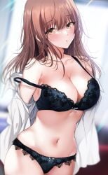 bikini blush brown_eyes brown_hair character_request cleavage large_breasts long_hair minamihama_yoriko side_slit