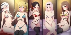 5girls armpits ass bare_arms bare_ass bare_back bare_legs bare_midriff bare_shoulders bare_thighs belly belly_bulge belly_button black_hair blonde_hair blue_eyes blue_underwear blush blush_lines blushing_at_viewer bow bra breasts brown_eyes brown_hair bubble_gum cleavage collarbone dot_nose elbows embarrassed_female female female_only fujiwara_chika groin hairband hairbow hayasaka_ai high_resolution highres hourglass_figure iino_miko kaguya-sama_wa_kokurasetai_~tensai-tachi_no_renai_zunousen~ knees large_breasts legs light_skin long_hair medium_breasts multiple_girls navel panties petite petite_body petite_breasts petite_female petite_girl pink_hair pink_underwear red_eyes red_underwear roswell-ss shinomiya_kaguya shirogane_kei side_ponytail sideboob sidelocks silver_hair simple_background sitting sitting_on_bed slender_body slender_waist slim_girl slim_waist small_breasts student teenager thick_ass thick_thighs thighs thin_waist twintails underboob underwear upper_body v-line white_underwear yellow_underwear