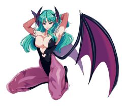 bat_print bat_wings black_footwear black_leotard capcom darkstalkers green_eyes green_hair head_wings morrigan_aensland purple_leggings succubus succubus_wings