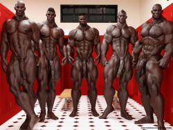 3d 3d_model 5boys angry_penis bald bald_man bara bara_tiddies bara_tits big_dick_energy black_hair brown_eyes dark-skinned_male dark_skin group hung indoor_nudity indoors locker_room male male/male/male/male/male male_focus male_only masculine melanin muscles muscular muscular_male oc original original_character original_characters rusty_mcphee thick_penis veiny_penis very_dark_skin