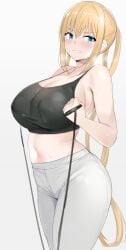 absurdres bare_shoulders black_shirt blend_s blonde_hair blue_eyes blush breasts closed_mouth commentary_request covered_nipples crop_top exercise female highres hinata_kaho huge_breasts long_hair looking_at_viewer midriff navel noripachi pants shirt simple_background solo sweat twintails very_long_hair white_background white_pants