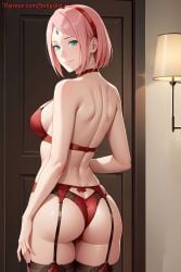 1girls ai_generated ass ass_focus back_muscles boruto:_naruto_next_generations bra breasts curvaceous curvy curvy_body curvy_female curvy_figure female female_focus from_behind garter_belt garter_straps green_eyes huge_ass light-skinned_female light_skin lingerie long_hair mature mature_female medium_breasts milf nai_diffusion naruto naruto_(series) paipan pale-skinned_female pale_skin panties patreon_username petite pink_hair rear_view red_underwear sakura_haruno stable_diffusion standing stockings temptart underwear underwear_only upper_body url valentine's_day watermark web_address white_skin