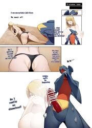 censored comic cynthia_(pokemon) english_text female garchomp pokemon pokemon_(species) pokephilia speech_bubble yuuyuu_(yuuki1771)