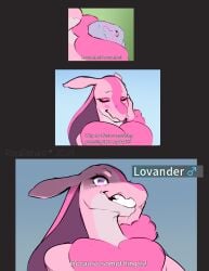 2boys accidentally_gay anthro because_something_is_! blush comic creepy_smile dialogue femboy fur furry kono_subarashii_sekai_ni_shukufuku_wo! looking_at_partner lovander male male_lovander male_only meme pal_(species) palworld pink_body pink_hair purple_eyes revadiehard smile smiling tagme text