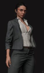 1girls 3d alf3d belt black_background black_hair brown_eyes button_down_shirt capcom cleavage dark-skinned_female dark_skin earpiece female_focus glasses grey_suit hair_bun medium_breasts office_lady open_jacket red_glasses resident_evil resident_evil_4 resident_evil_4_remake solo solo_female suit suit_jacket unbuttoned_shirt