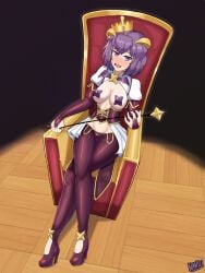 1girls alternate_costume bernadetta_von_varley cosplay crossover female female_only fire_emblem fire_emblem:_three_houses grey_eyes hiiragi_utena hiiragi_utena_(cosplay) magia_baiser mahou_shoujo_ni_akogarete medium_breasts nahusmash nervous nintendo pasties purple_hair revealing_clothes sitting sitting_on_chair solo throne