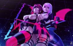 2girls alternate_costume ball_gag bare_shoulders black_background black_gloves black_panties black_thighhighs blood breasts cameltoe elbow_gloves feet_out_of_frame fins fish_tail gag gawr_gura gloves grey_hair grin holding holding_gag holding_whip hololive hololive_english hololive_fantasy hololive_japan hololive_myth horns houshou_marine large_breasts long_hair looking_at_viewer medium_breasts multicolored_hair multiple_girls nipples panties pink_blood pussy red_hair red_horns reflect_(gawr_gura) shark_girl shark_tail shiny_skin smile streaked_hair tail teeth themaestronoob thighhighs two-tone_hair uncensored underwear unworn_gag virtual_youtuber wings