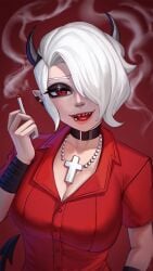 1girls artist_request breasts choker cigarette cleavage cross demon demon_girl demon_horns demon_tail ear_piercing hair_over_one_eye helltaker hi_res necklace red_eyes sharp_teeth shirt smoke smoking solo white_hair zdrada_(helltaker)