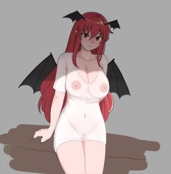 areolae bat_wings breasts cleavage covered_erect_nipples demon_tail demon_wings female head_wings highres koakuma large_breasts long_hair looking_at_viewer mata_(matasoup) red_hair see-through shirt simple_background sitting solo succubus tail touhou white_background white_shirt wings