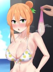 1boy absurdres after_sex bikini blurry blurry_background blush breasts cleavage collarbone commentary_request condom female front-tie_bikini_top front-tie_top green_eyes green_ribbons hair_bun hair_ornament hair_ribbon heart heart-shaped_pupils highres hinatsuki_mikan holding holding_condom jewelry large_breasts lemon_print long_hair looking_at_viewer machikado_mazoku navel necklace ocean open_mouth orange_hair outdoors paid_reward_available print_bikini ribbon sidelocks single_hair_bun straight sura_sura sweat swimsuit symbol-shaped_pupils used_condom white_bikini