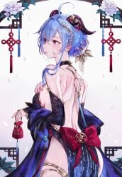 1girls bare_back bare_shoulders blue_hair chinese_clothes chinese_dress female female_focus female_only ganyu_(genshin_impact) ganyu_(twilight_blossom)_(genshin_impact) genshin_impact holding holding_object horns light-skinned_female light_skin long_hair looking_away medium_breasts purple_hair qiandaiyiyu qilin revealing revealing_clothes revealing_outfit sideboob tagme