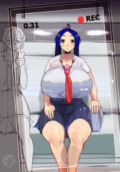 1futa abigorli autopaizuri autopaizuri_under_clothes big_ass blue_hair bowtie breasts clothed clothing condom erection female freckles futa_focus futanari green_eyes huge_breasts huge_cock human light-skinned_futanari light_skin long_hair midriff_baring_shirt mostly_clothed original_character penis penis_between_breasts pov sitting skirt smartphone solo_focus train_interior