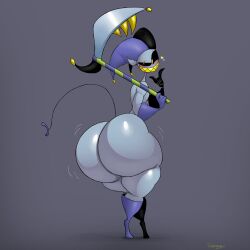 1:1 absurd_res ass big_ass big_butt blush boots clothing darkner deltarune femboy footwear gloves handwear hat headgear headwear heart hi_res huge_ass huge_butt huge_hips huge_thighs humanoid humanoid_pointy_ears hyper hyper_ass hyper_butt hyper_hips imp jester jevil_(deltarune) large_ass male melee_weapon not_furry polearm rear_view schplingnops scythe sharp_teeth simple_background small_waist smile solo teeth thick_thighs undertale_(series) weapon wide_hips