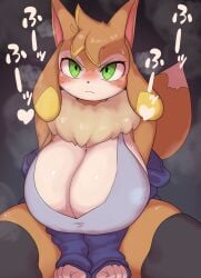 angry angry_expression anthro ass big_ass big_breasts big_thighs blush breasts cute female female_only fur furry gigantic_breasts green_eyes huge_ass huge_breasts huge_thighs looking_at_viewer nigiruri orange_fur pal_(species) palworld shirt solo sweat sweatdrop sweating tail thick_hips thick_thighs thighhighs thighs vixy_(pal) white_fur