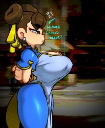 1girls arms_behind_back breasts brown_eyes brown_hair chun-li cleavage_cutout earring english_text female female_only hair_buns hair_ribbon jellot large_breasts nipple_bulge street_fighter street_fighter_6 tagme thick_thighs thighs wide_hips