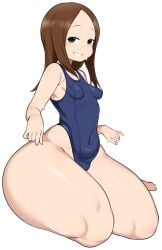 1girls aged_up barefoot big_ass big_thighs bottom_heavy brown_hair cham22 female_only karakai_jouzu_no_takagi-san looking_at_viewer on_knees partially_clothed small_breasts smiling_at_viewer swimsuit takagi-san thick_thighs voluptuous voluptuous_female white_background wide_hips