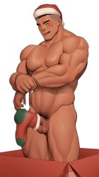 1boy bara blush box christmas completely_nude erection facial_hair gay happy hat highres in_box in_container kansuke_(kansuke_717) large_pectorals male_focus male_pubic_hair mature_male muscular muscular_male nude original pectorals pubic_hair red_headwear ribbon santa_costume santa_hat short_hair sideburns_stubble smile sock_on_penis socks solo standing stubble sweatdrop thick_eyebrows thick_thighs thighs