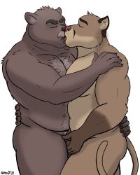 age_difference alen anthro ball_grab balls body_hair closed_eyes cougar duo embrace erection felid feline french_kissing genitals hi_res hug kissing male male/male mammal musclegut muscular muscular_male nanoff nude pervader reamus_(pervader) ursid