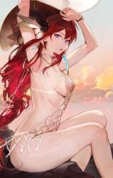 1girls 2024 arknights arms_up beach fishnet hat hi_res light-skinned_female light_skin long_hair looking_at_viewer medium_breasts naked nude nude_female outdoors purple_eyes qiandaiyiyu red_hair solo surtr_(arknights) sweat swimwear thighs