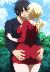 ai_generated black_hair blonde_hair blushing_at_partner fairy_tail french_kissing gray_fullbuster groping_ass imminent_sex large_breasts lucy_heartfilia passionate_kiss