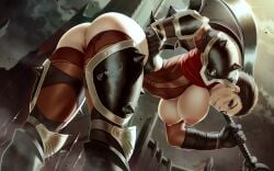 armor ass axe bent_over bottomless breasts breasts_out brown_hair darius_(league_of_legends) elbow_gloves english_commentary feet_out_of_frame female female_pubic_hair gauntlets genderswap_(mtf) gloves hanging_breasts holding holding_weapon large_breasts league_of_legends light_smile lips looking_at_viewer md5_mismatch mole mole_above_mouth nipples nose pauldrons pubic_hair pussy red_eyes red_thighhighs rule_63 sash short_hair shoulder_armor solo themaestronoob thick_thighs thigh_armor thighhighs thighs uncensored underbust very_short_hair weapon