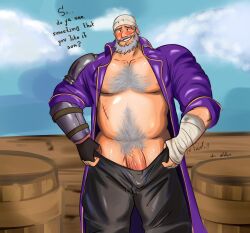 balls bara beard blush body_hair bulge facial_hair fargus_(fire_emblem) fire_emblem fire_emblem:_the_blazing_blade headkerchief male male_only muscles muscular nintendo penis penis_peek solo solo_male text tugfx8