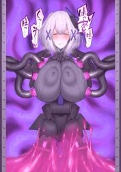 1girls armor breast_inflation breasts female headgear injection monster moriyasaki punishing:_gray_raven robot_girl robotic_arm rosetta_(punishing:_gray_raven) see-through short_hair solo tentacle tentacle white_hair yellow_eyes