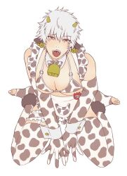 6zyo_hitoma alternate_costume apron bowtie cleavage cow_bikini cow_boy cow_ears cow_horns cow_maid_bikini cow_print cow_print_armwear cow_print_thighhighs cowbell crossdressing detached_collar ear_tag elbow_gloves full_body garter gintama gintoki_sakata gloves high-angle_view kemonomimi looking_at_viewer male male_only muscular name_tag open_mouth pecs red_eyes sitting solo toeless_legwear tongue_out underpec waist_apron wariza white_hair wrist_cuffs