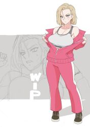 android_18 big_breasts blonde_hair blue_eyes dragon_ball dragon_ball_super dragon_ball_z jacket jumpsuit open_clothes open_jacket track_jacket track_pants track_suit