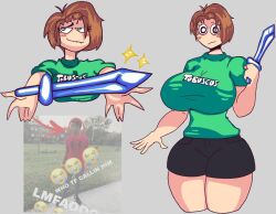 1girls breasts brown_hair diamond_sword female female_focus female_only fully_clothed fully_clothed_female genderswap_(mtf) green_eyes hips large_breasts meme minecraft rule_63 shorts sword thewboy thick_thighs thighs tobuscus wboybuckwheat_(artist) weapon youtube youtuber