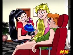 1boy 2girls 2girls1boy animated archie_andrews archie_comics betty_and_veronica betty_cooper black_hair blonde_hair brush female ffm_threesome hairjob handjob long_hair male tagme threesome tickling tickling_penis veronica_lodge very_long_hair video