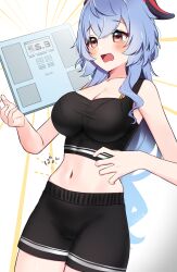 ahoge alternate_costume black_shirt black_shorts blue_hair blush bra bra_visible_through_clothes breasts censored cleavage crop_top female ganyu_(genshin_impact) genshin_impact gym_shirt gym_shorts harupipipi4 highres horns large_breasts long_hair midriff mosaic_censoring navel open_mouth red_eyes shirt shorts solo solo_female stomach tears underwear weighing_scale weight_conscious yellow_bra