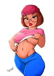 1girls aleksandrgav alternate_breast_size ass beanie big_breasts breasts brown_hair busty curvaceous curvy erect_nipples eyeshadow family_guy female female_focus female_only fingernails glasses hourglass_figure large_breasts light-skinned_female light_skin lipstick meg_griffin navel nipple_bulge pants pinup pinup_pose shirt short_hair solo standing t-shirt tagme underboob voluptuous wide_hips