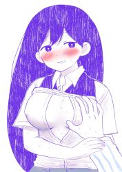 1boy 1girls aroma_ga_umaize blush blush breast_grab breasts breasts button_down_shirt female guided_breast_grab heart hero_(omori) looking_at_another mari_(omori) nipple_bulge nipples_visible_through_clothing offscreen_character omori pov purple_eyes purple_hair shirt_unbuttoned smile smiling sweater_vest white_skin