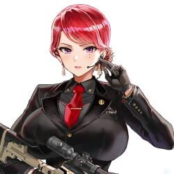 black_gloves black_jacket black_suit blush bodyguard bracelet breast_pocket collared_jacket earphone earrings female female_focus female_only game_cg gloves hair_behind_ear hair_bun hair_ornament holding_weapon hongryeon_(last_origin) huge_breasts jacket last_origin long_hair looking_at_viewer mole mole_under_eye necktie open_mouth pearl_bracelet purple_eyes red_hair red_necktie red_tie scope single_hair_bun sniper_rifle suit suit_and_tie suit_jacket taesi tie tied_hair tight_clothing tight_suit transparent_background upper_body weapon