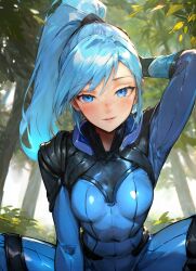 ai_generated blue_eyes blue_hair bodysuit clothed clothed_sex cowgirl_position dota_2 luna_(dota) nohornyallowed pov pov_eye_contact stable_diffusion