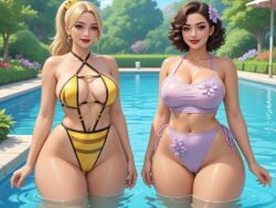 2girls ai_generated blonde_hair brunette_hair cameltoe cleavage curly_hair eyeshadow flower_in_hair flower_ornament garden lavender_bikini lipstick medium_breasts milf ponytail poolside rgomez007 short_hair side_tie_bikini sideboob skindentation stable_diffusion standing_in_water straps swimming_pool swimsuit thick_thighs wide_hips yellow_bikini