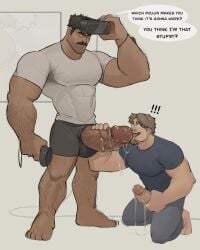 balls bara big_balls big_penis boner clothing erection facial_hair frank_(kenkudog) gay huge_cock kenkudog licking_penis male male_only masturbation moustache muscles muscular on_knees penis penis_out precum speech_bubble vr vr_headset yaoi