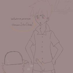 balls black_shirt blue_(pokemon) blue_oak dick gay hat male male_only nintendo pants_down penis pokemon pokemon_champion pokemon_character red_(pokemon) short_sleeved_shirt sweat text_bubble throbbing_penis uncolored uncolored_background wentheqhen yaoi