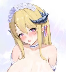 arknights bangs blonde_hair blue_eyes blush breasts choker collarbone condom cum dragon_horns eyebrows_visible_through_hair facial female flower hair_flower hair_ornament head_tilt heart heart-shaped_pupils horns huge_breasts long_hair looking_at_viewer nude open_mouth out-of-frame_censoring rose saileach_(arknights) sawaki_ken sidelocks solo straight swept_bangs symbol-shaped_pupils tongue upper_body used_condom white_choker white_flower white_rose