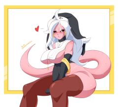 1girls 2021 android_21 android_21_(evil) armwear big_breasts black_sclera blush brown_stockings dragon_ball dragon_ball_fighterz earrings erect_nipples_under_clothes female female_only heart hi_res long_hair lunaexhabbitix majin majin_android_21 nipple_bulge nun_hat nun_outfit pink_skin red_eyes sitting solo stockings tail thick_thighs white_hair