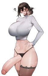 1futa balls breasts brown_hair clothed clothing erect_penis erection futa_only futanari glasses hand_on_hip hi_res huge_breasts huge_cock human large_penis light-skinned_futanari light_skin long_hair long_penis niwada_(unbeller) original original_character panties partially_clothed penis slim_waist smooth_balls smooth_penis solo solo_futa standing sweat sweaty_body thighhighs unbeller uncensored