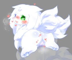 2016 anus ass blue_eyes blush canid canine deaic female floppy_ears fur genitals glistening glistening_body glistening_fur green_eyes grey_background heart heterochromia kemono mammal pussy semi-anthro shaded simple_background smile solo white_body white_fur